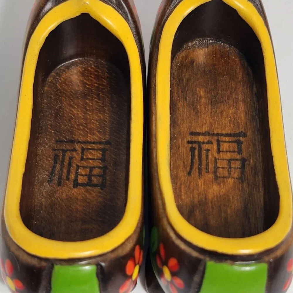 Miniature Hand Painted Vintage Wooden Clogs With Floral Design Red Tips Pair